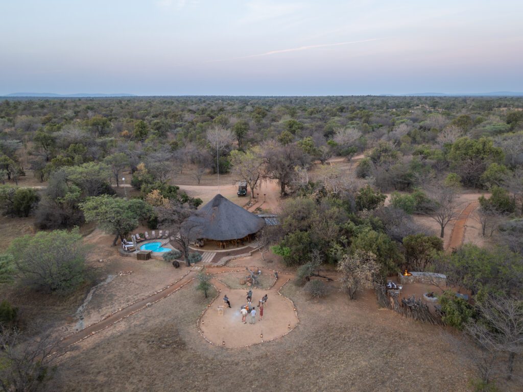 Kwafubesi Tented Camp main area aerial with guests Kwafubesi Tented Camp main area aerial with guests